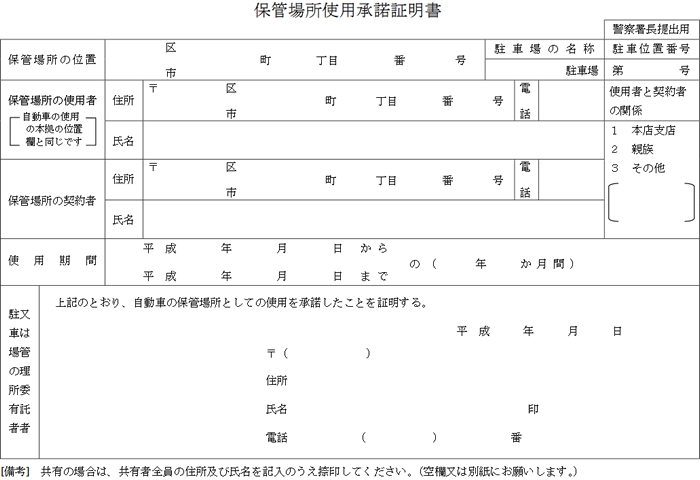 保管場所使用承諾証明書