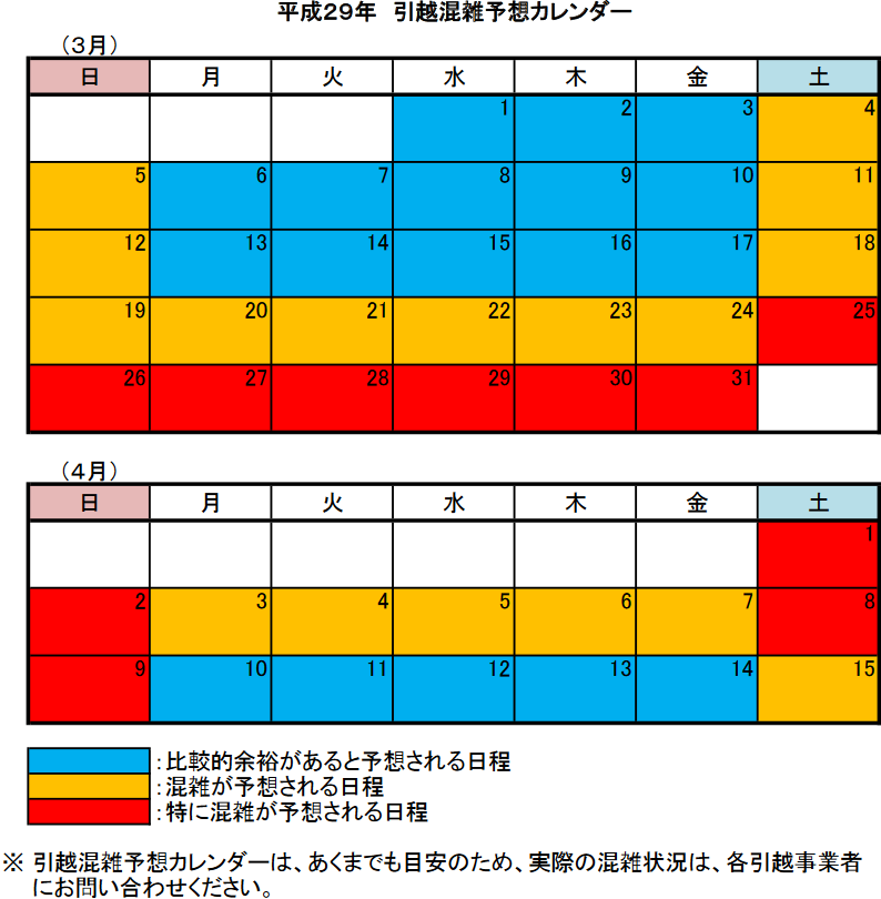 平成２９年引越混雑予想カレンダー